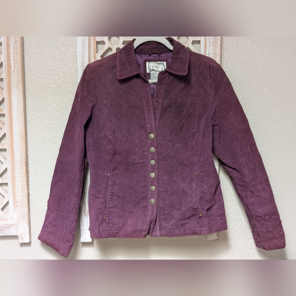 Tria womens medium purple leather suede jacket western business casual button up